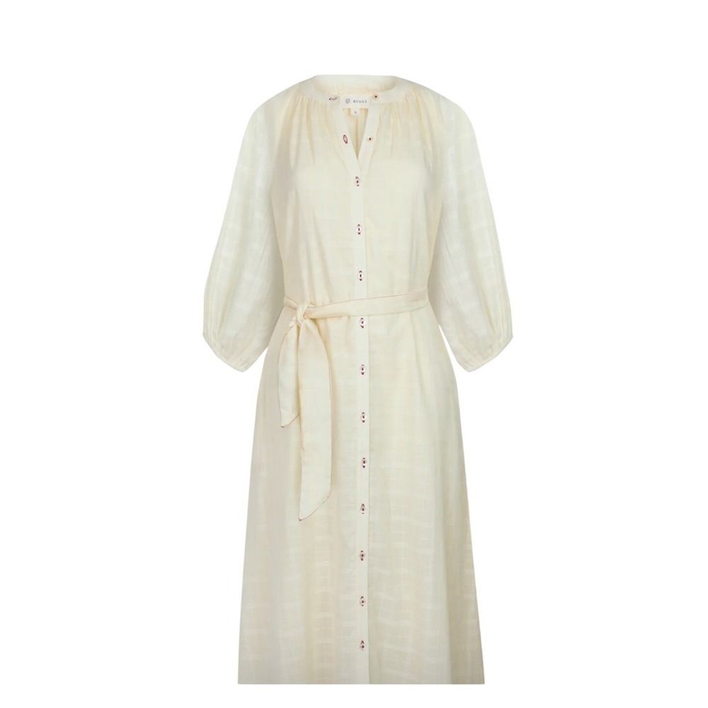 Buggy NWT SZ XS The Maia in Cream‎ Midi Dress Button Front Belted Long Sleeve